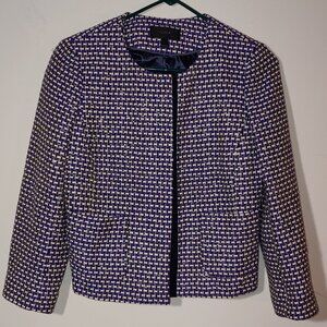 J Crew Navy 3/4 Sleeve Cropped Silk Blend Tweed Blazer Jacket Size 4